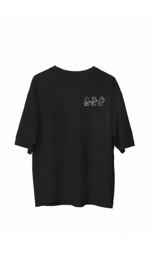 Unisex Bisiklet Yaka Baskılı Oversize T-Shirt - Siyah