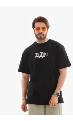 Unisex Bisiklet Yaka Baskılı Oversize T-Shirt - Siyah