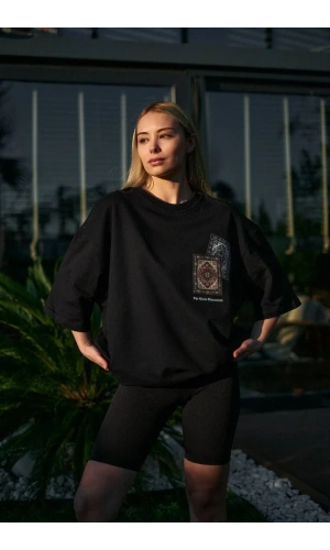 Unisex Bisiklet Yaka Baskılı Oversize T-Shirt - Siyah