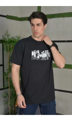 Unisex Bisiklet Yaka Baskılı Oversize T-Shirt - Siyah