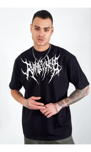 Unisex Bisiklet Yaka Baskılı Oversize T-Shirt - Siyah