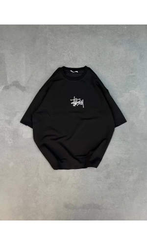 Unisex Bisiklet Yaka Baskılı Oversize T-Shirt - Siyah