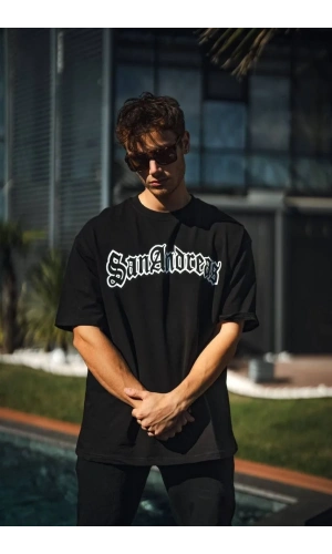 Unisex Bisiklet Yaka Baskılı Oversize T-Shirt - Siyah