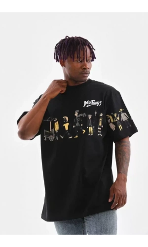 Unisex Bisiklet Yaka Baskılı Oversize T-Shirt - Siyah