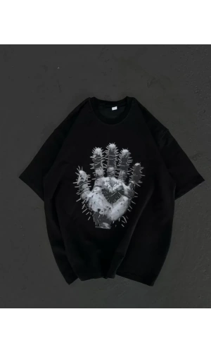 Unisex Bisiklet Yaka Baskılı Oversize T-Shirt - Siyah