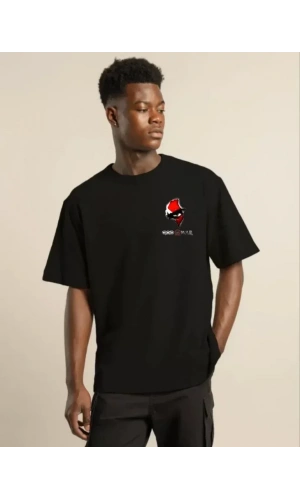 Unisex Bisiklet Yaka Baskılı Oversize T-Shirt - Siyah