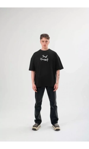 Unisex Bisiklet Yaka Baskılı Oversize T-Shirt - Siyah