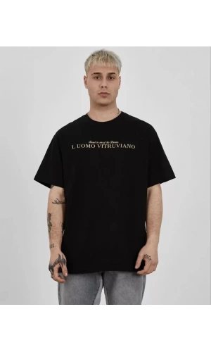 Unisex Bisiklet Yaka Baskılı Oversize T-Shirt - Siyah