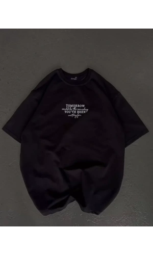 Unisex Bisiklet Yaka Baskılı Oversize T-Shirt - Siyah