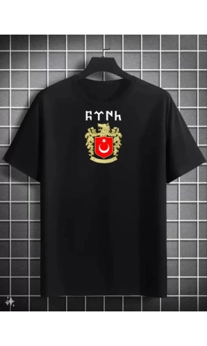 Unisex Bisiklet Yaka Baskılı Oversize T-Shirt - Siyah