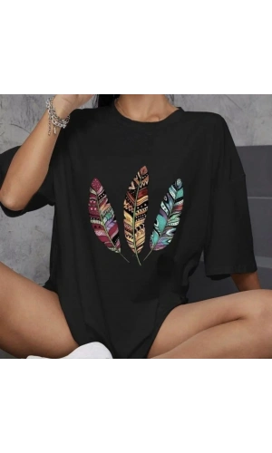 Unisex Bisiklet Yaka Baskılı Oversize T-Shirt - Siyah