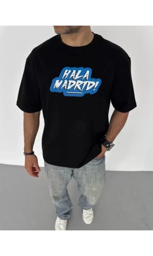 Unisex Bisiklet Yaka Baskılı Oversize T-Shirt - Siyah