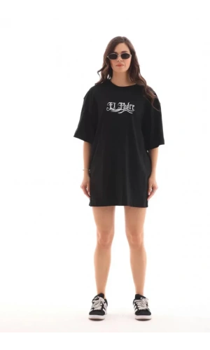Unisex Bisiklet Yaka Baskılı Oversize T-Shirt - Siyah