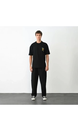 Unisex Bisiklet Yaka Baskılı Oversize T-Shirt - Siyah