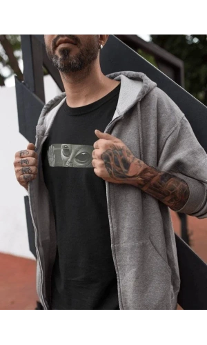 Unisex Bisiklet Yaka Baskılı Oversize T-Shirt - Siyah