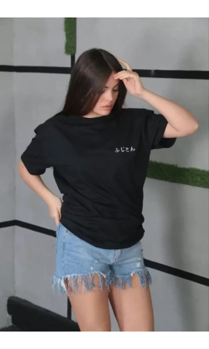 Unisex Bisiklet Yaka Baskılı Oversize T-Shirt - Siyah