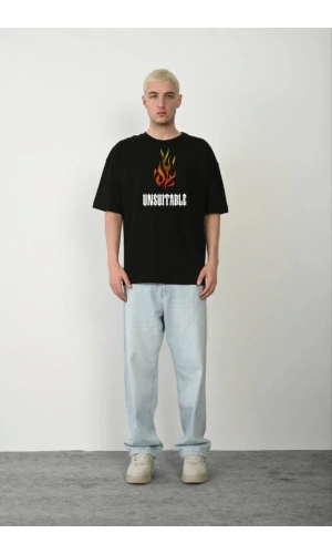 Unisex Bisiklet Yaka Baskılı Oversize T-Shirt - Siyah