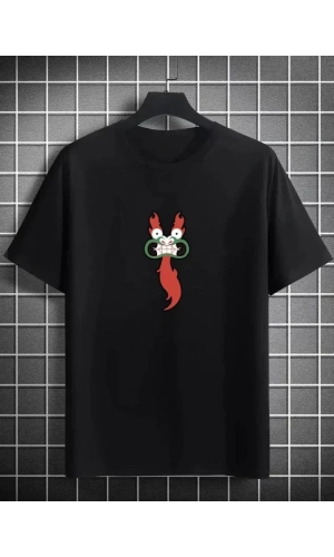 Unisex Bisiklet Yaka Baskılı Oversize T-Shirt - Siyah