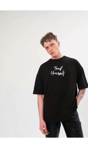 Unisex Bisiklet Yaka Baskılı Oversize T-Shirt - Siyah