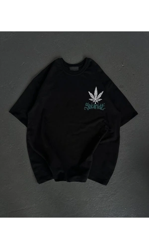 Unisex Bisiklet Yaka Baskılı Oversize T-Shirt - Siyah