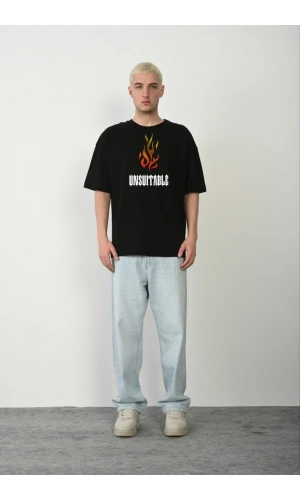 Unisex Bisiklet Yaka Baskılı Oversize T-Shirt - Siyah