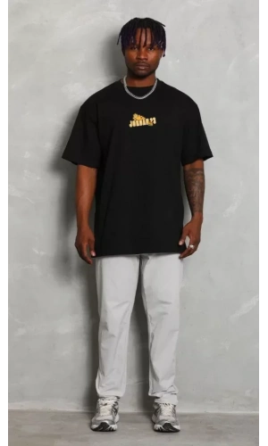 Unisex Bisiklet Yaka Baskılı Oversize T-Shirt - Siyah