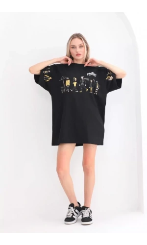 Unisex Bisiklet Yaka Baskılı Oversize T-Shirt - Siyah