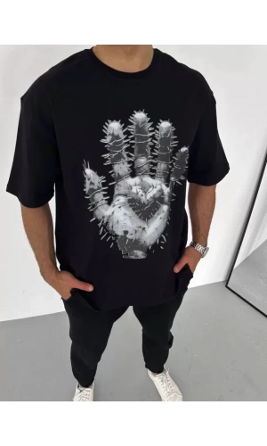 Unisex Bisiklet Yaka Baskılı Oversize T-Shirt - Siyah