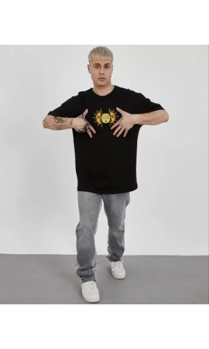 Unisex Bisiklet Yaka Baskılı Oversize T-Shirt - Siyah