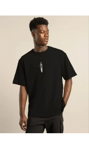 Unisex Bisiklet Yaka Baskılı Oversize T-Shirt - Siyah