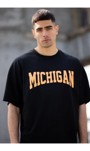 Unisex Bisiklet Yaka Baskılı Oversize T-Shirt - Siyah