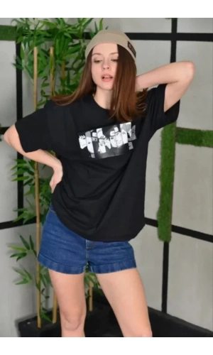 Unisex Bisiklet Yaka Baskılı Oversize T-Shirt - Siyah