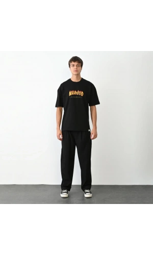 Unisex Bisiklet Yaka Baskılı Oversize T-Shirt - Siyah