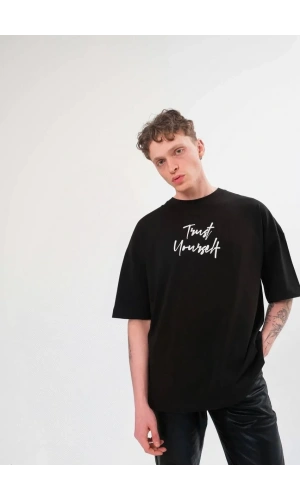 Unisex Bisiklet Yaka Baskılı Oversize T-Shirt - Siyah