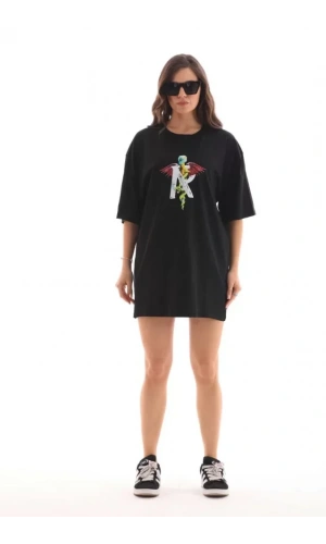 Unisex Bisiklet Yaka Baskılı Oversize T-Shirt - Siyah