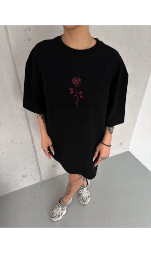 Unisex Bisiklet Yaka Baskılı Oversize T-Shirt - Siyah