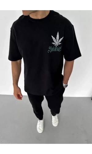 Unisex Bisiklet Yaka Baskılı Oversize T-Shirt - Siyah