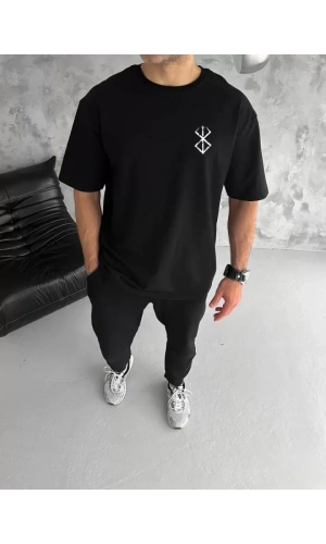 Unisex Bisiklet Yaka Baskılı Oversize T-Shirt - Siyah