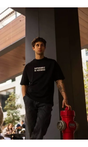 Unisex Bisiklet Yaka Baskılı Oversize T-Shirt - Siyah