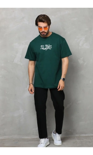 Unisex Bisiklet Yaka Baskılı Oversize T-Shirt - Yeşil