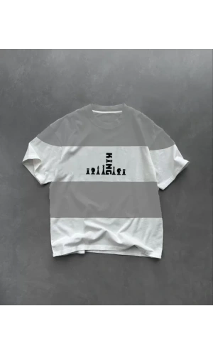 Unisex Bisiklet Yaka Baskılı Parçalı Oversize T-Shirt - Gri