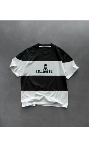 Unisex Bisiklet Yaka Baskılı Parçalı Oversize T-Shirt - Siyah