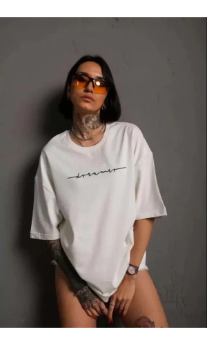 Unisex Bisiklet Yaka Baskılı T-Shirt - Beyaz