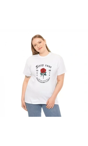 Unisex Bisiklet Yaka Baskılı T-Shirt - Beyaz