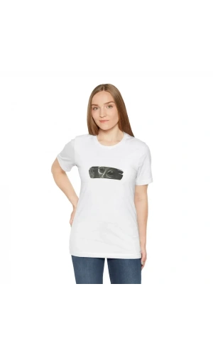 Unisex Bisiklet Yaka Baskılı T-Shirt - Beyaz