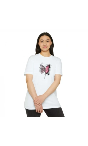 Unisex Bisiklet Yaka Baskılı T-Shirt - Beyaz