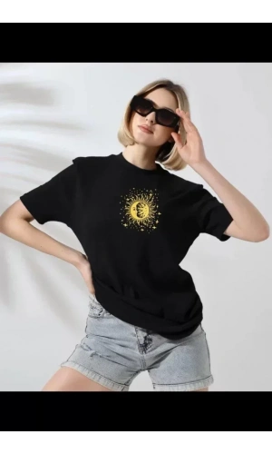 Unisex Bisiklet Yaka Baskılı T-Shirt - Siyah