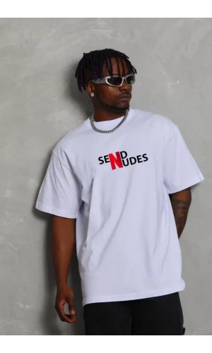 Unisex Bisiklet Yaka Double Oversize Baskılı T-Shirt - Beyaz
