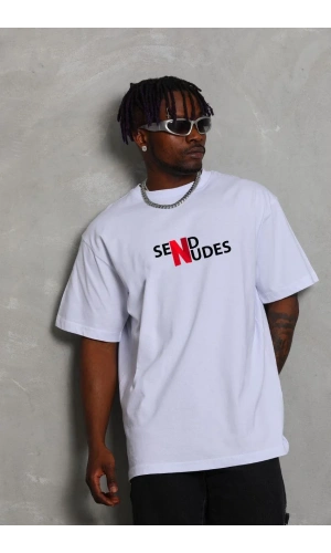 Unisex Bisiklet Yaka Double Oversize Baskılı T-Shirt - Beyaz