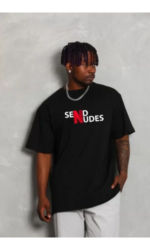 Unisex Bisiklet Yaka Double Oversize Baskılı T-Shirt - Siyah